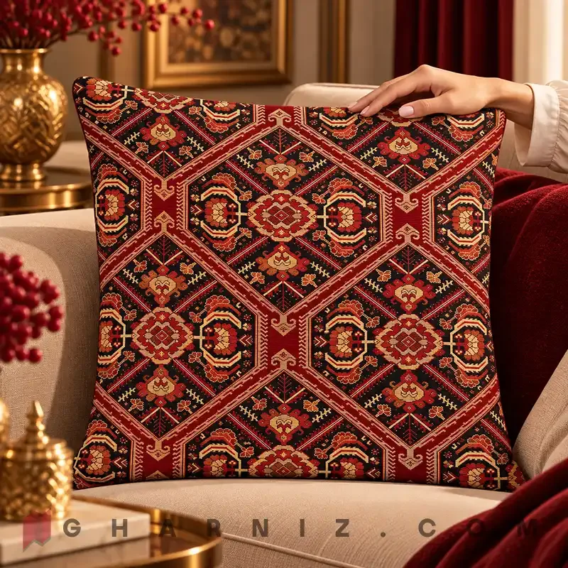 کاور کوسن مخمل طرح گلیم لانه‌ زنبوری کد gh-c757 — تصویر 6