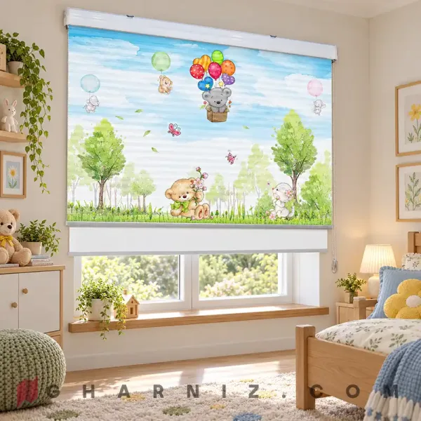 پرده زبرا اتاق کودک طرح خرس تدی و بادکنک Teddy Meadow