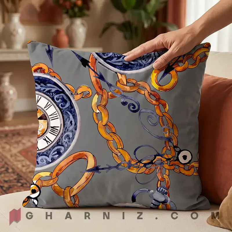 کاور کوسن مخمل طرح ساعت جیبی و زنجیر کد gh-c778 — تصویر 9
