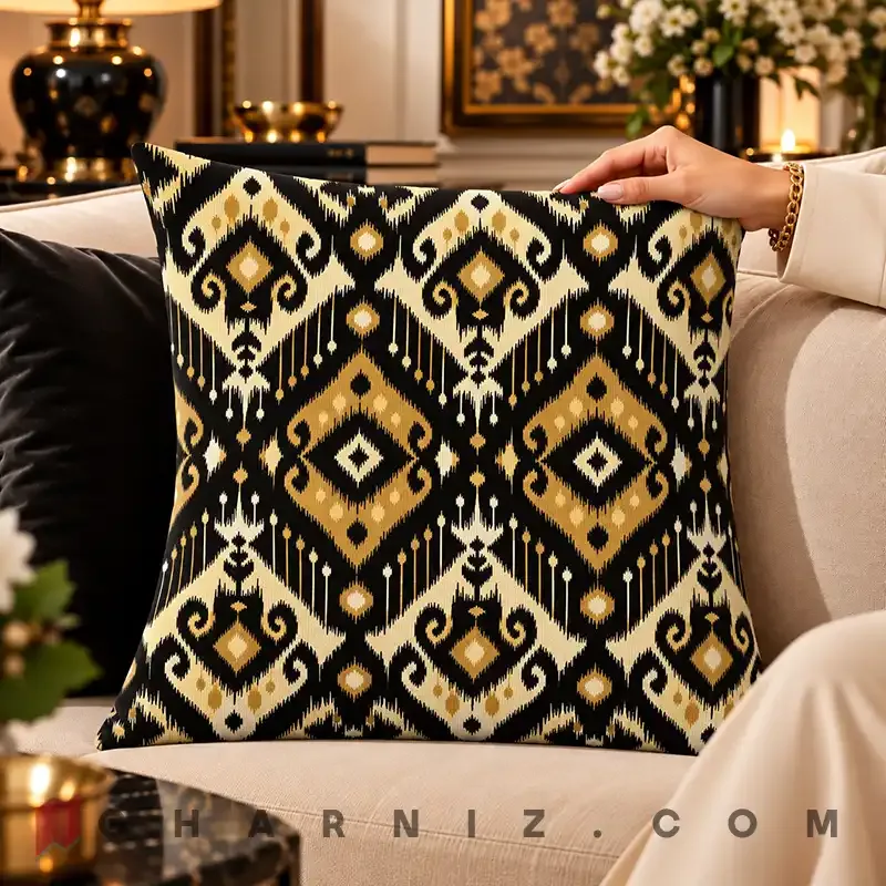 کاور کوسن مخمل طرح ایکات لوزی کد gh-c782 — تصویر 8