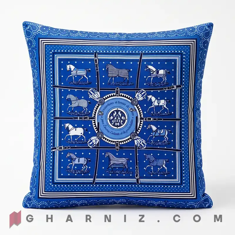 کاور کوسن مخمل طرح اسب و یراق با حاشیه بته‌ جقه کد gh-c770 — تصویر 4