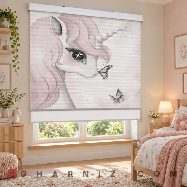 پرده زبرا اتاق کودک طرح چهره یونیکورن و پروانه Dreamy Unicorn