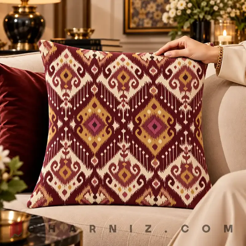 کاور کوسن مخمل طرح ایکات لوزی کد gh-c782 — تصویر 10