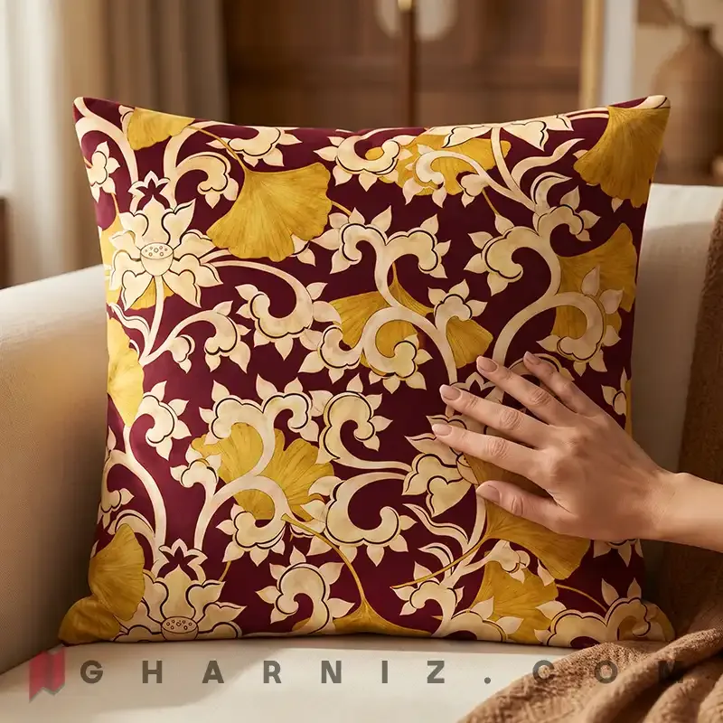 کاور کوسن مخمل طرح برگ جینکو و گل نیلوفر کد gh-c754 — تصویر 12