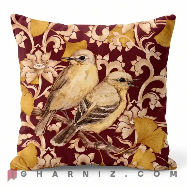 کاور کوسن مخمل طرح گل و مرغ جینکو زرشکی