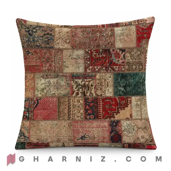 کاور کوسن مخمل طرح چهل‌ تکه فرش پتینه