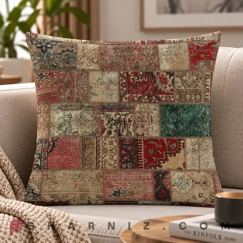 کاور کوسن مخمل طرح چهل‌ تکه فرش پتینه کد gh-c736 — تصویر 2