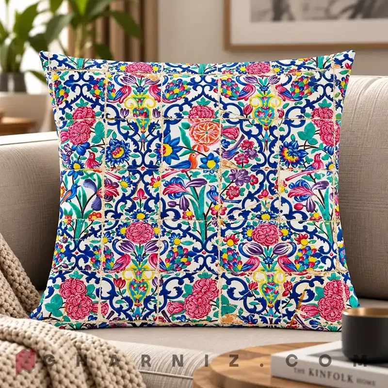 کاور کوسن مخمل طرح کاشی قاجاری گل و اسلیمی کد gh-c735 — تصویر 2