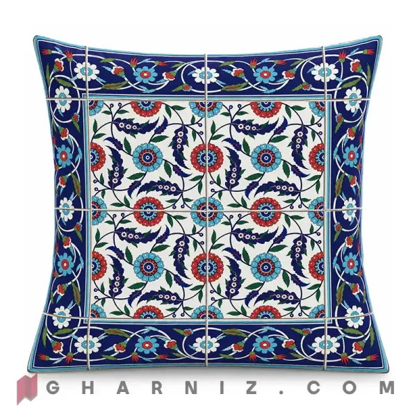 کاور کوسن مخمل طرح کاشی سرمه‌ ای گل اناری
