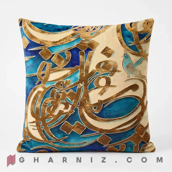 کاور کوسن مخمل طرح نقاشی خط طلایی فیروزه‌ ای