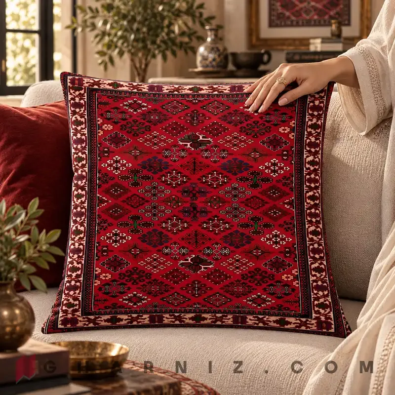 کاور کوسن مخمل طرح گلیم قرمز کد gh-c726 — تصویر 2