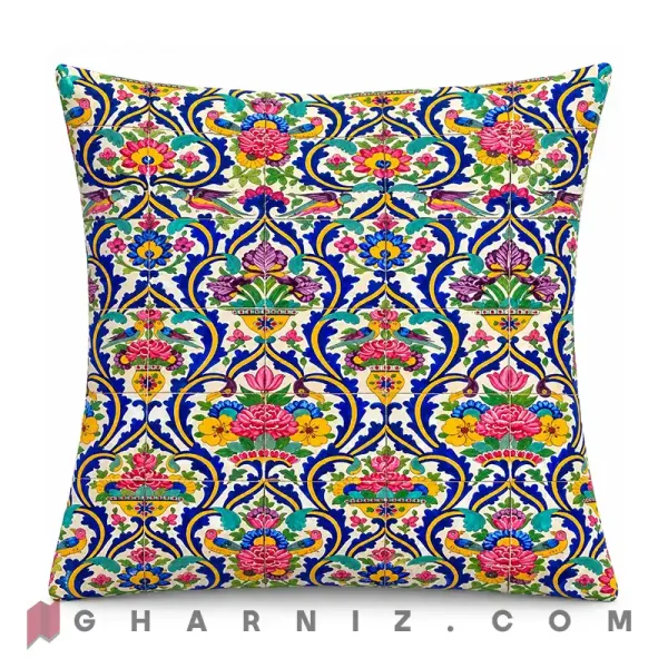 کاور کوسن مخمل طرح کاشی هفت‌ رنگ گل‌ دار
