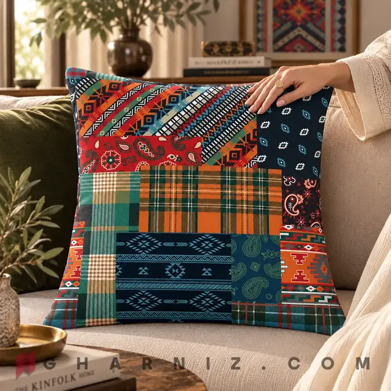 کاور کوسن مخمل طرح چهل‌ تکه چهارخانه و گلیمی کد gh-c718 3