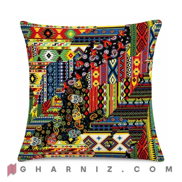 کاور کوسن مخمل طرح چهل‌تکه گلیمی رنگی