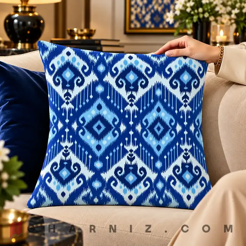 کاور کوسن مخمل طرح ایکات لوزی کد gh-c782 — تصویر 7