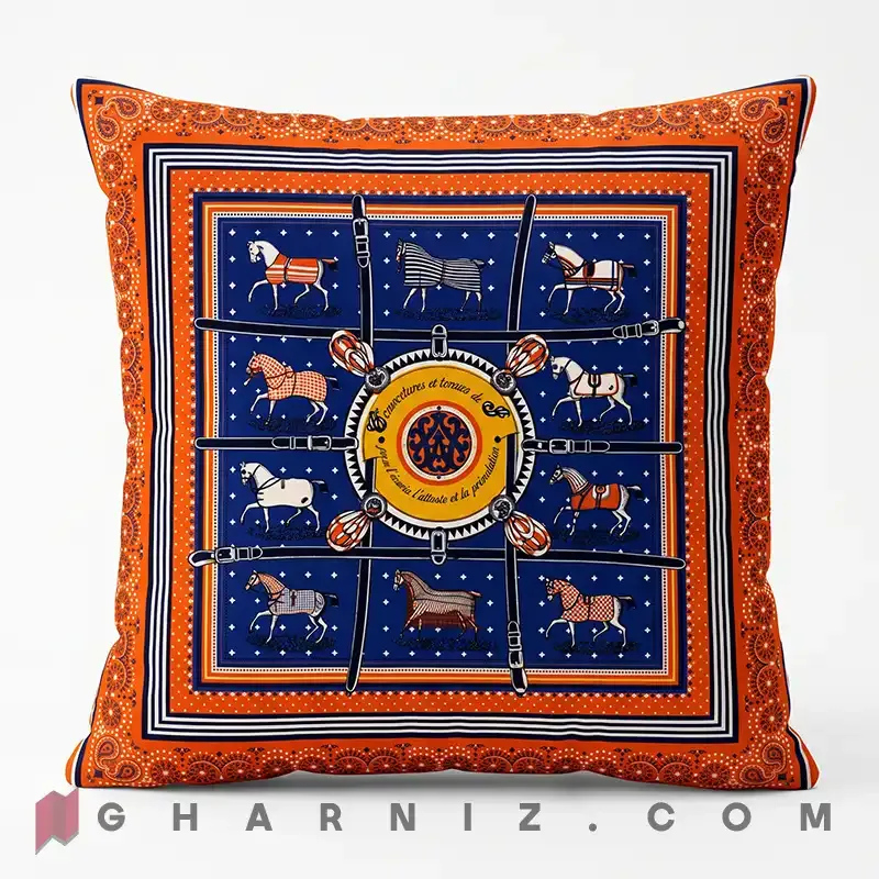 کاور کوسن مخمل طرح اسب و یراق با حاشیه بته‌ جقه کد gh-c770