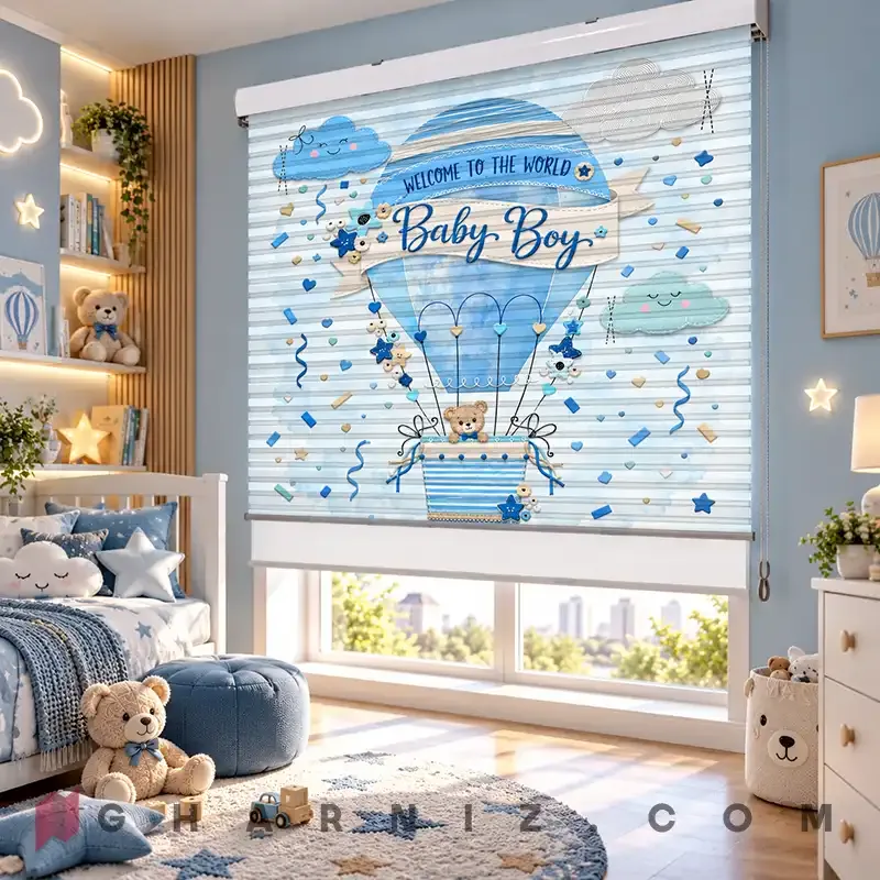 پرده زبرا اتاق کودک طرح بالن آبی نوزاد پسر Baby Boy کد gh-zk193 — تصویر 2