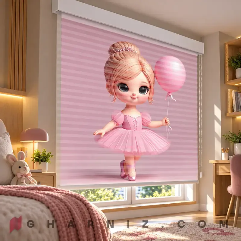 پرده زبرا اتاق کودک طرح بالرین عروسکی و بادکنک صورتی Little Ballet Doll کد gh-zk222 — تصویر 2