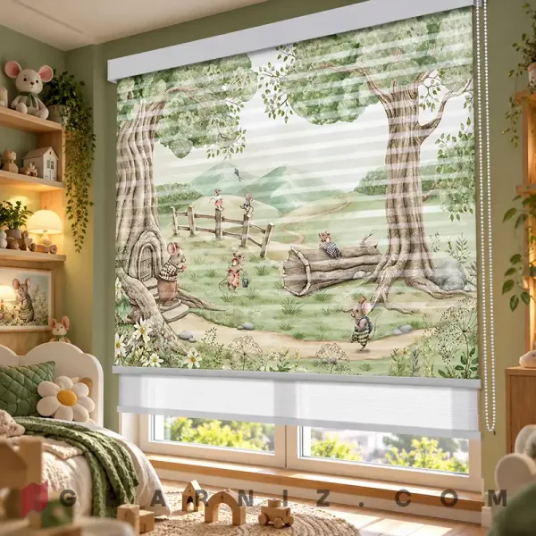 پرده زبرا اتاق کودک طرح موش‌های قصه‌گو در جنگل Woodland Mice