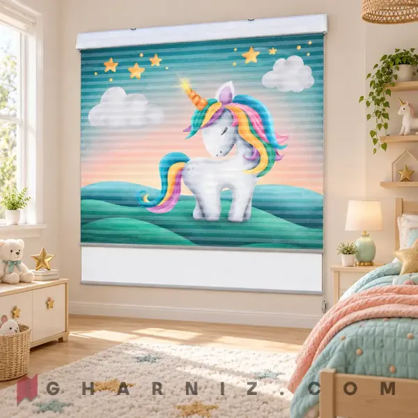 پرده زبرا اتاق کودک طرح یونیکورن رنگین‌کمانی Rainbow Unicorn