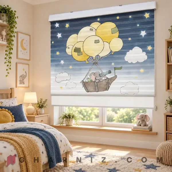 پرده زبرا اتاق کودک طرح فیل کاشف و قایق بادکنکی Little Explorer