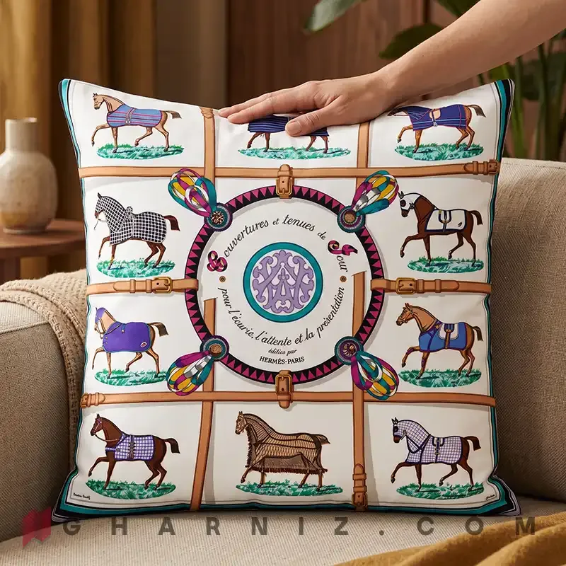 کاور کوسن مخمل طرح اسب و یراق کد gh-c766 — تصویر 9