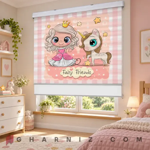 پرده زبرا اتاق کودک طرح پرنسس و یونیکورن چهارخانه صورتی Fairy Friends