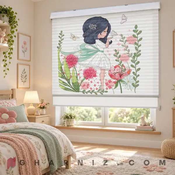 پرده زبرا اتاق کودک طرح دختر و باغ گل Flower Girl