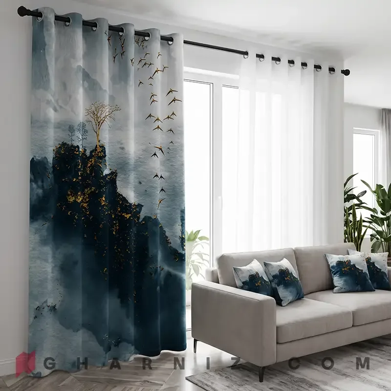 پرده پانچی مخمل طرح درخت و پرندگان نیلی Nil Landscape کد gh-pp1001 — تصویر 3