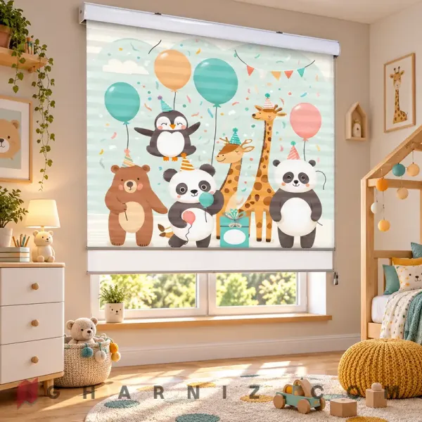 پرده زبرا اتاق کودک طرح جشن تولد پانداها و زرافه‌ها Animal Birthday