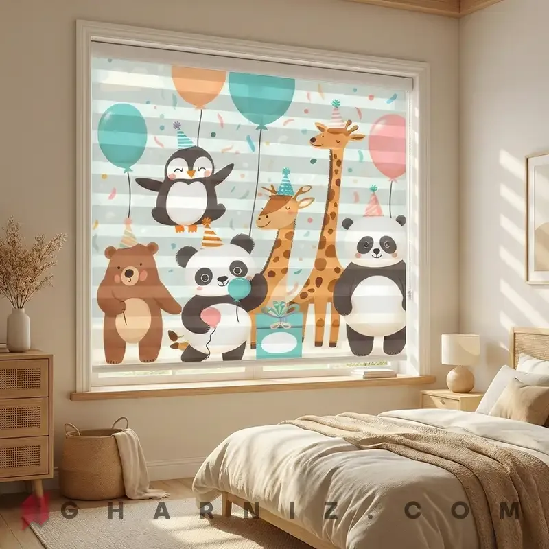 پرده زبرا اتاق کودک طرح جشن تولد پانداها و زرافه‌ها Animal Birthday کد gh-zk198 — تصویر 2