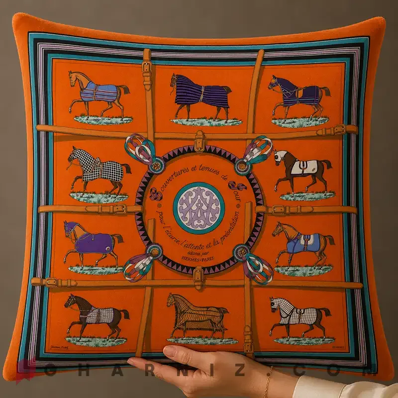 کاور کوسن مخمل طرح اسب و یراق کد gh-c766 — تصویر 8