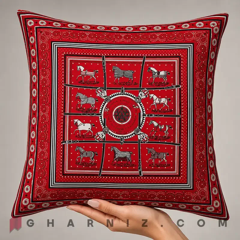 کاور کوسن مخمل طرح اسب و یراق با حاشیه بته‌ جقه کد gh-c770 — تصویر 14