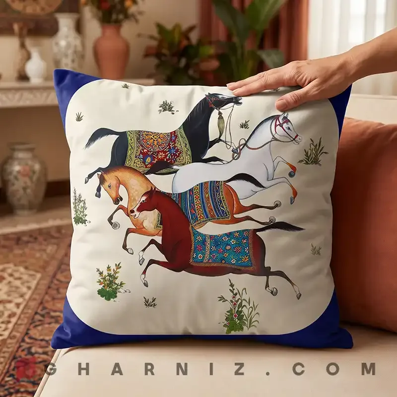 کاور کوسن مخمل طرح نگارگری اسب‌ها کد gh-c777 — تصویر 13