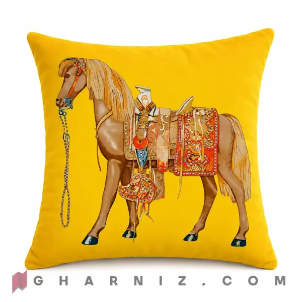 کاور کوسن مخمل طرح اسب و زین تزئینی خردلی