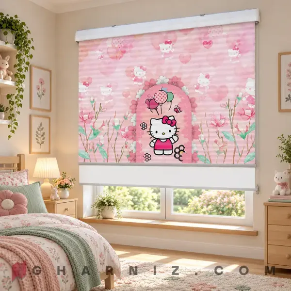 پرده زبرا اتاق کودک طرح هلو کیتی و قاب گل صورتی Hello Kitty Blossom