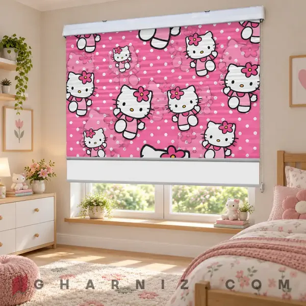 پرده زبرا اتاق کودک طرح هلو کیتی و خال‌های سفید Hello Kitty Pink Dots