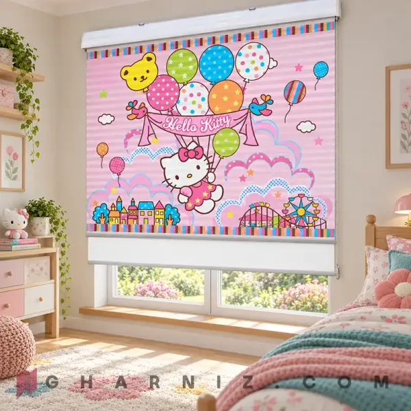 پرده زبرا اتاق کودک طرح هلو کیتی و بادکنک‌های رنگی Hello Kitty Carnival