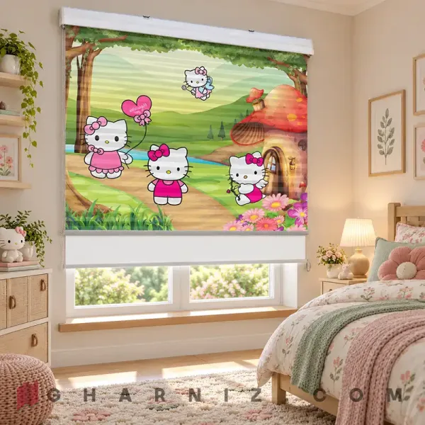 پرده زبرا اتاق کودک طرح هلو کیتی و خانه قارچی Hello Kitty Garden