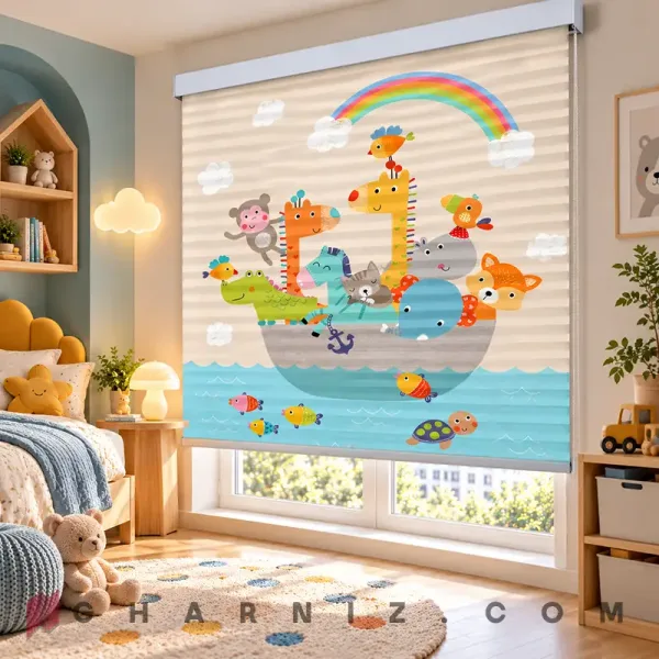 پرده زبرا اتاق کودک طرح قایق حیوانات و رنگین‌کمان Rainbow Ark