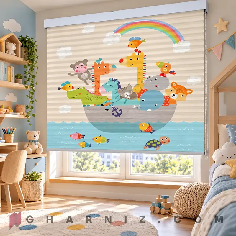 پرده زبرا اتاق کودک طرح قایق حیوانات و رنگین‌کمان Rainbow Ark کد gh-zk209 — تصویر 2