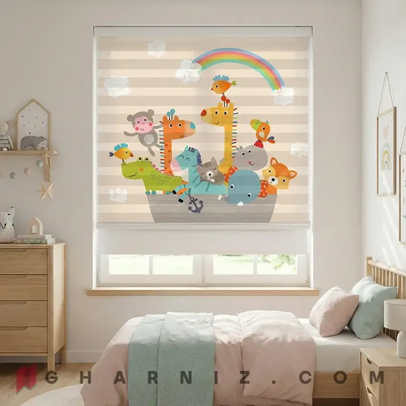 پرده زبرا اتاق کودک طرح قایق حیوانات و رنگین‌کمان Rainbow Ark کد gh-zk209 — تصویر 3