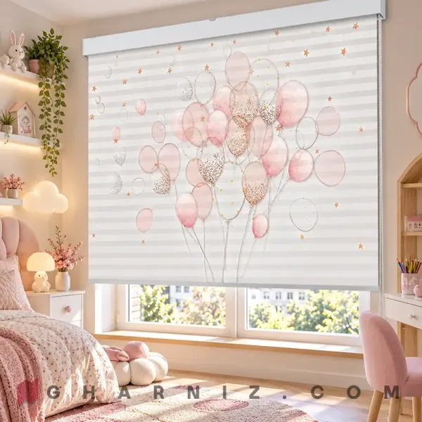 پرده زبرا اتاق کودک طرح دسته بادکنک‌های صورتی و ستاره Blush Balloons