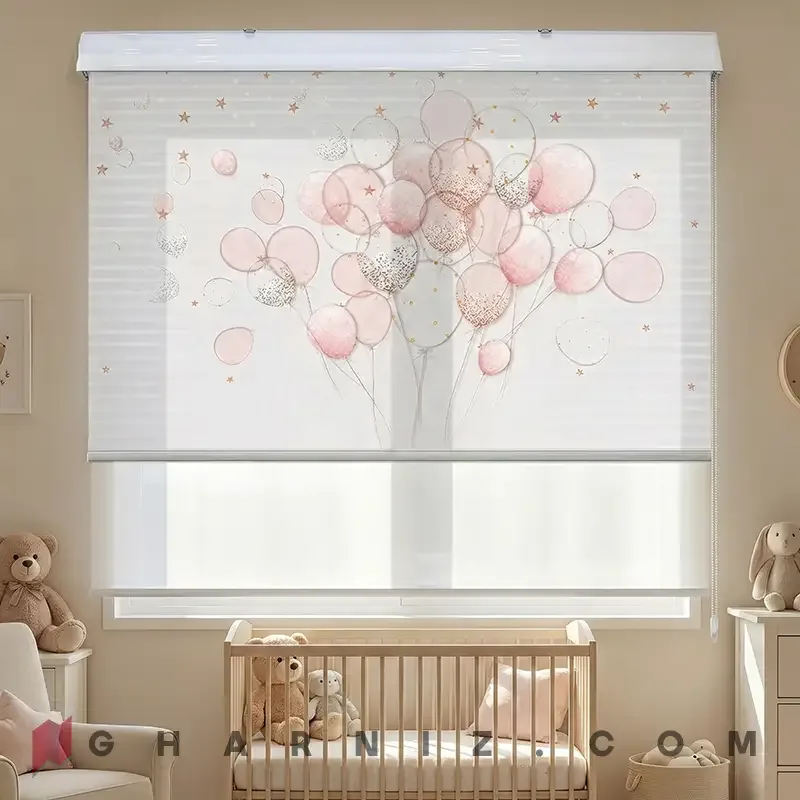 پرده زبرا اتاق کودک طرح دسته بادکنک‌های صورتی و ستاره Blush Balloons کد gh-zk211 — تصویر 2