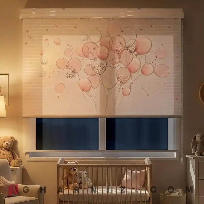 پرده زبرا اتاق کودک طرح دسته بادکنک‌های صورتی و ستاره Blush Balloons کد gh-zk211 — تصویر 3