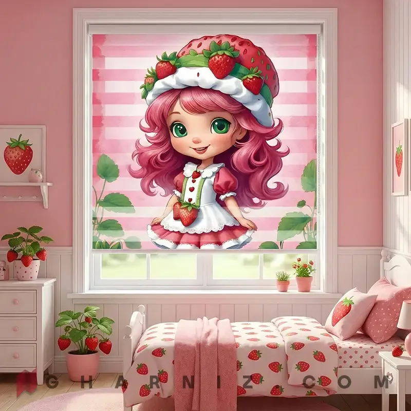 پرده زبرا اتاق کودک طرح دختر توت‌فرنگی در باغ صورتی Strawberry Garden کد gh-zk210- — تصویر 3