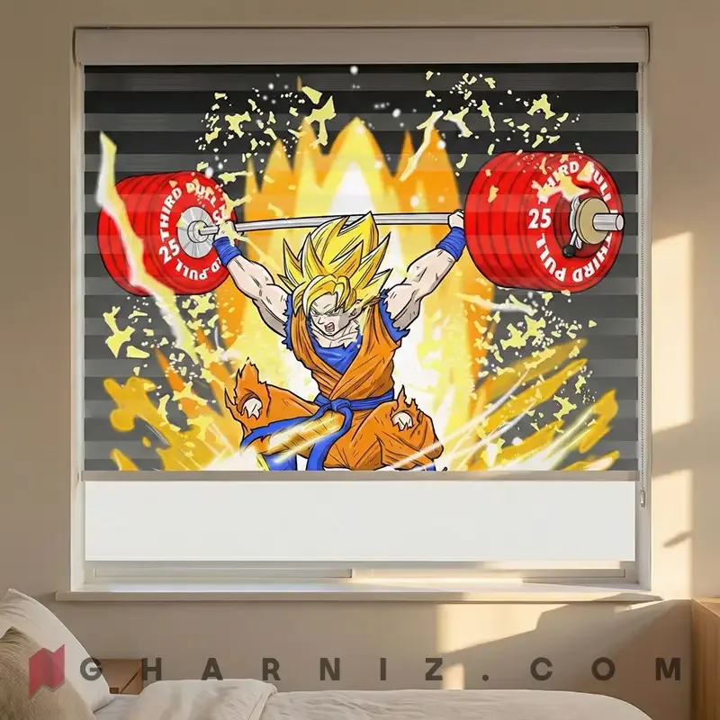 پرده زبرا اتاق پسرانه طرح گوکو سوپر سایان و هالتر Saiyan Power کد kids-zebra-super-saiyan-goku-weightlifting — تصویر 2