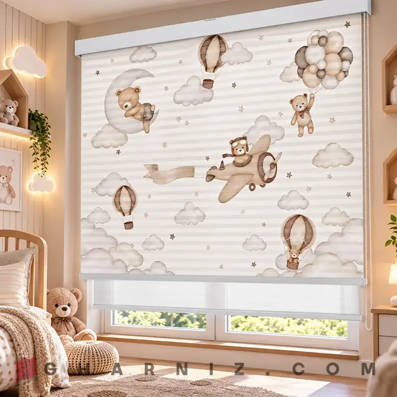 پرده زبرا اتاق کودک طرح خرس خلبان و بالن‌های کرم Teddy Sky Journey کد gh-zk213 — تصویر 2