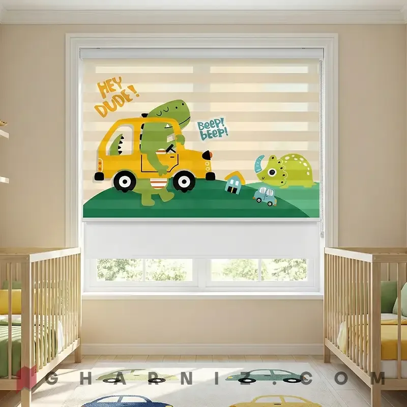 پرده زبرا اتاق کودک طرح دایناسور و ماشین زرد Dino Driver کد gh-zk197 — تصویر 2