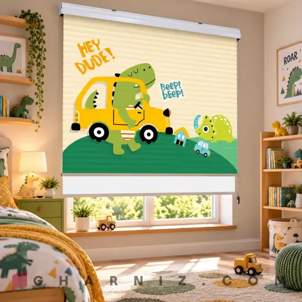 پرده زبرا اتاق کودک طرح دایناسور و ماشین زرد Dino Driver